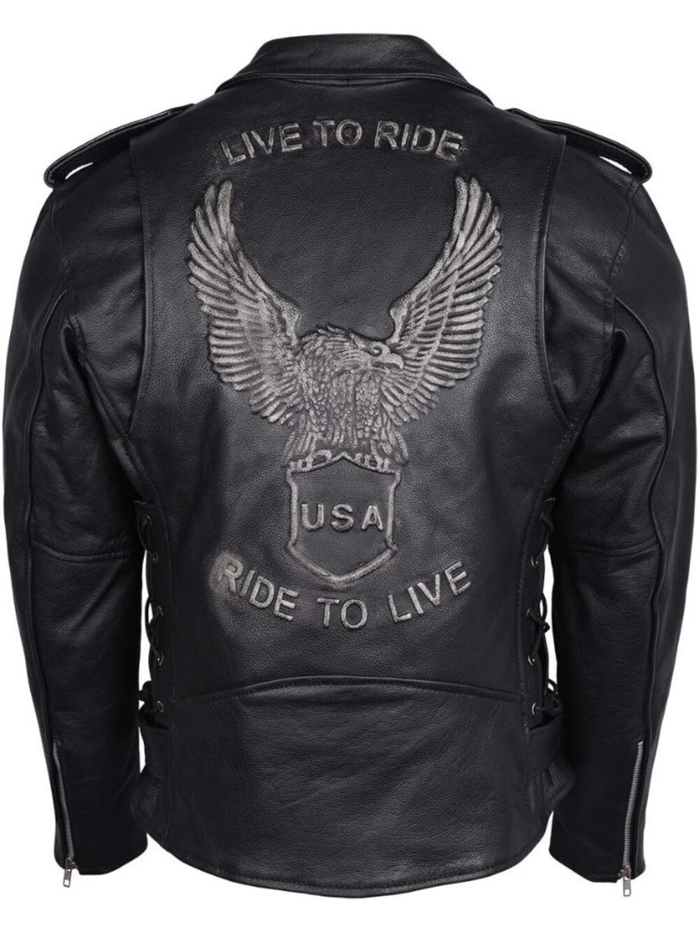 Men's Black Leather Band Collar Long Sleeve Aviator Pocket Zip-up Bike Jacket